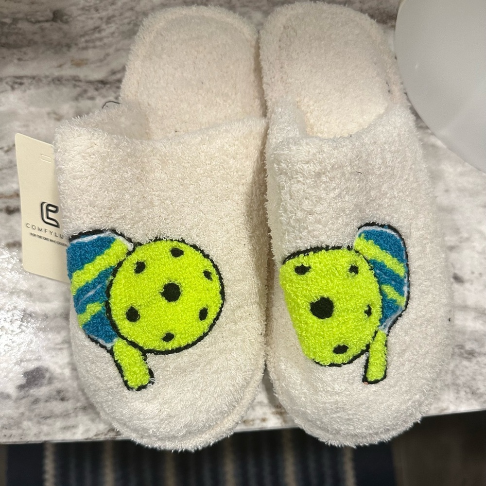 Comfy White Slippers with Pickleball Design